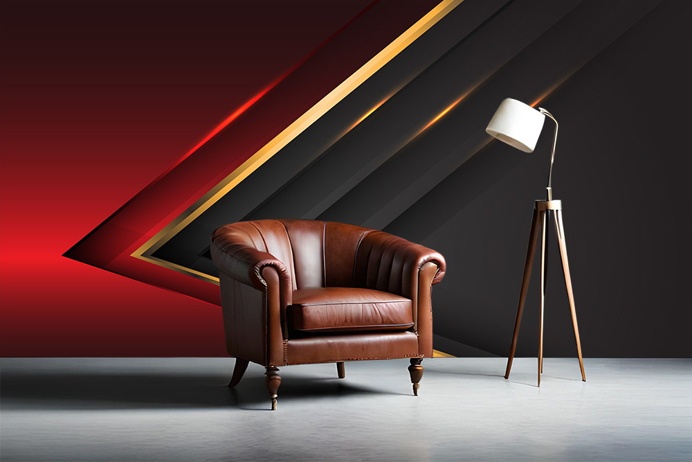 Fotobehang - Moderne kamer met leren fauteuil en staande lamp tegen een geometrisch, rood en zwart ontwerp