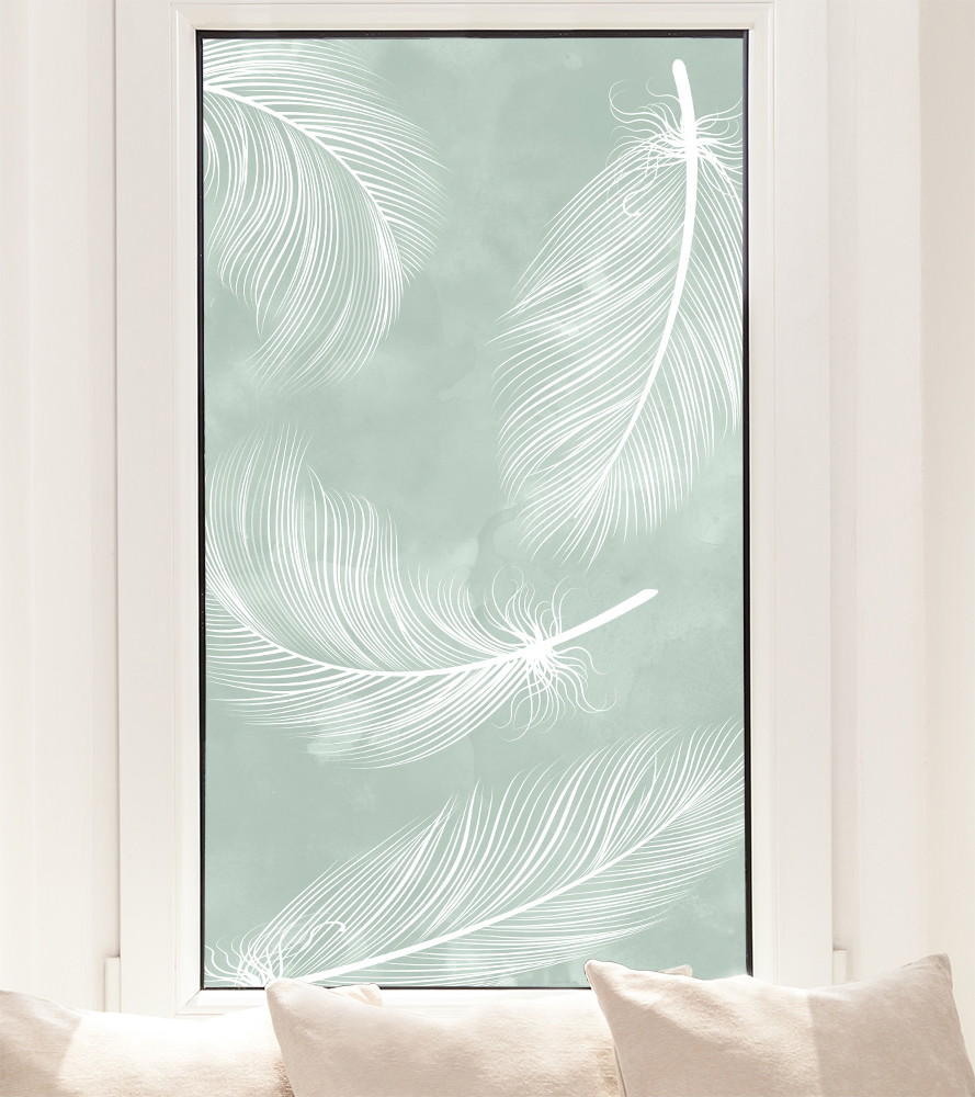 Fensterfolie bedruckt - Fliegende Federn auf grünem Aquarell-Hintergrund