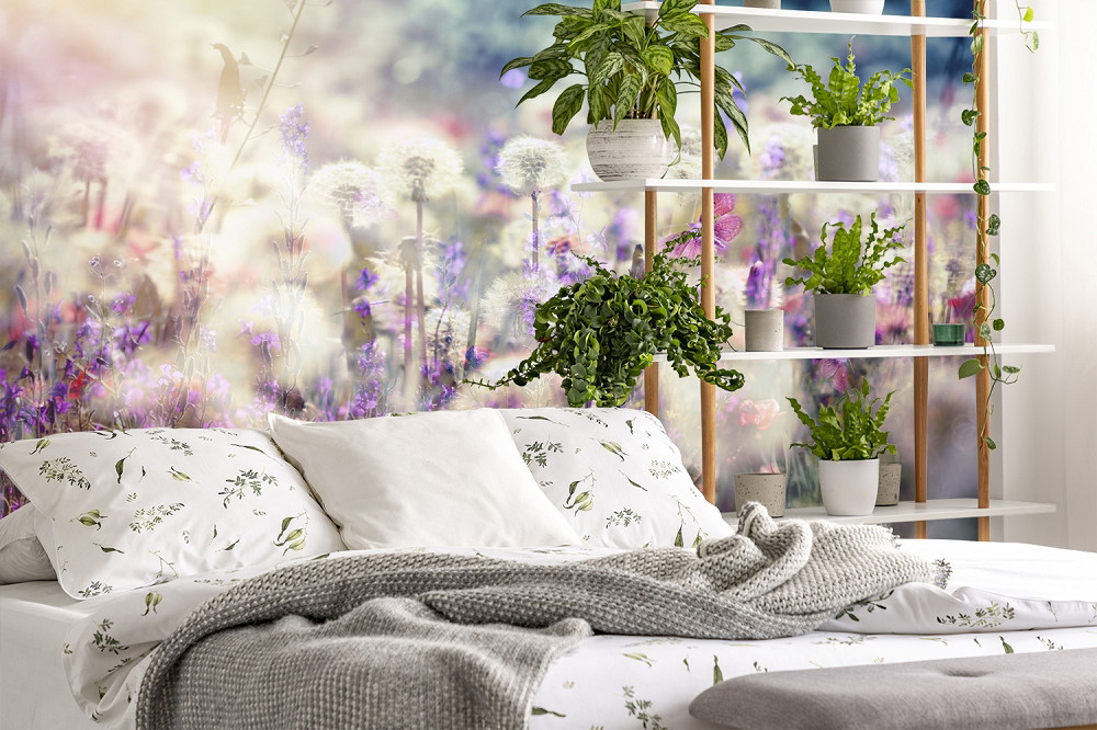 Fototapete - Schlafzimmer mit einer Fototapete, die eine blühende Wiese zeigt, und dekorativen Zimmerpflanzen im Regal