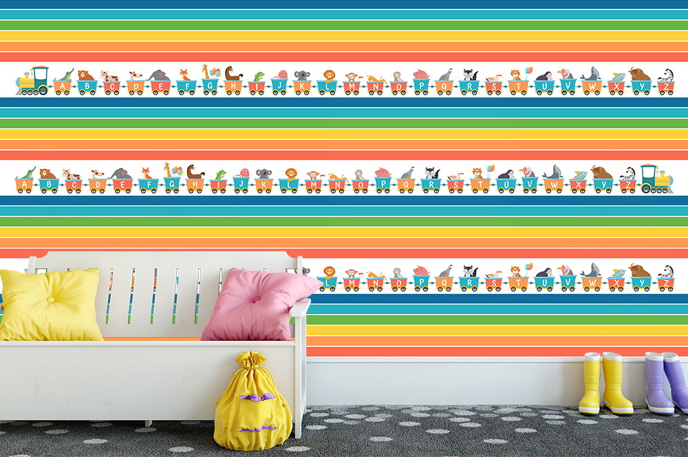 Fototapete - Farbliche Streifentapete mit Alphabet-Zug und Tierbildern, ideal für ein fröhliches Kinderzimmer
