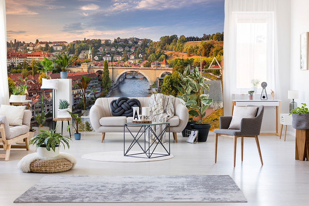 Wall mural - Cosy living room with large cityscape on the wall