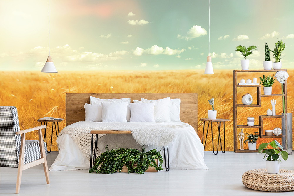 Fototapete - Schlafzimmer mit dekorativen Pflanzen und großem Weizenfeldbild an der Wand