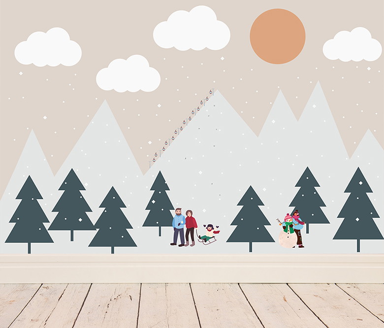 Fototapete - Illustration einer Winterlandschaft mit Tannenbäumen, einem Schneemann und einer Familie vor schneebedeckten Bergen und einem großen, runden Sonnenuntergang
