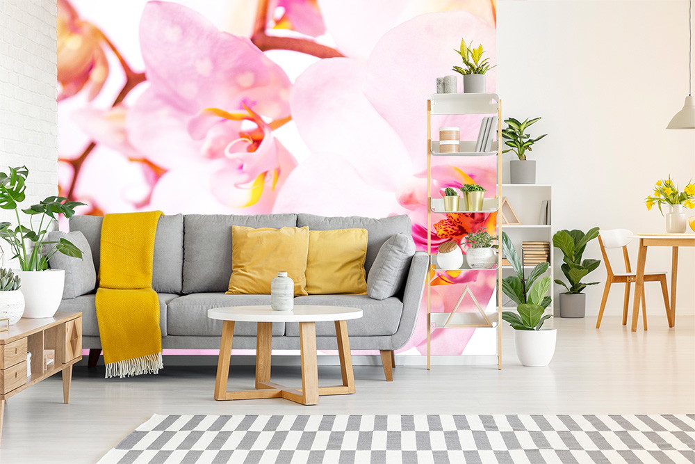 Papier peint photo - Salon moderne avec canapé gris, plafond jaune et grandes orchidées rose pâle comme motif mural