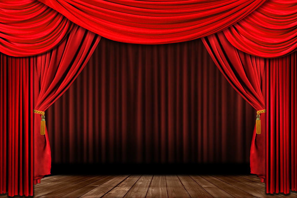 Muurschildering - Rode gordijnen in een theater op een houten vloer, gesloten