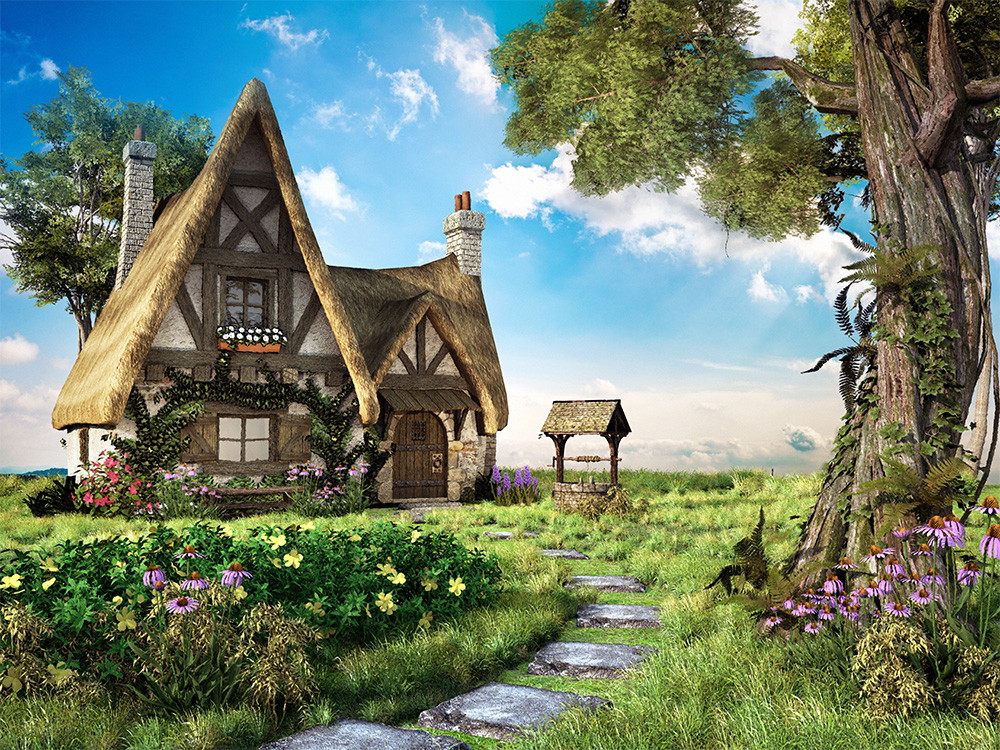 Wall mural - Romantic country house with thatched roof in the middle of a flowering garden and an old well