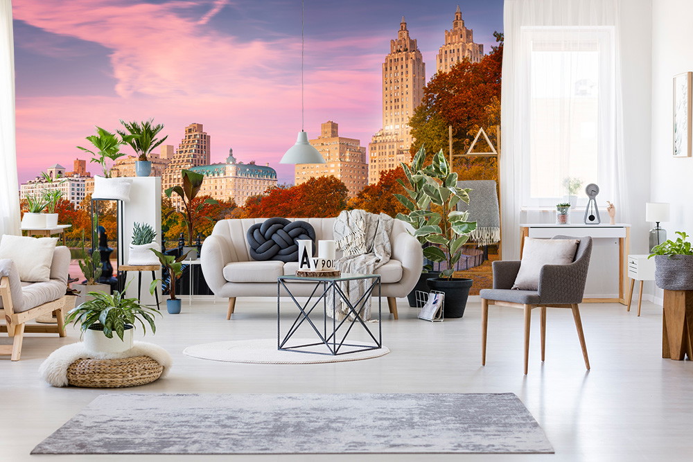 Fototapete - Stilvolles Wohnzimmer mit herbstlichen Farben und städtischem Hintergrund