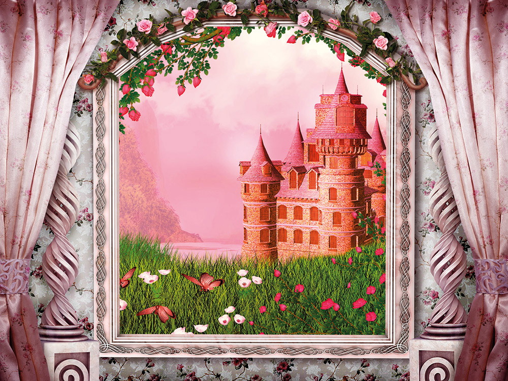 Muurschildering - Een sprookjeskasteel met torens, omringd door een groene weide en roze lucht, omlijst door een sierlijk roosvenster.