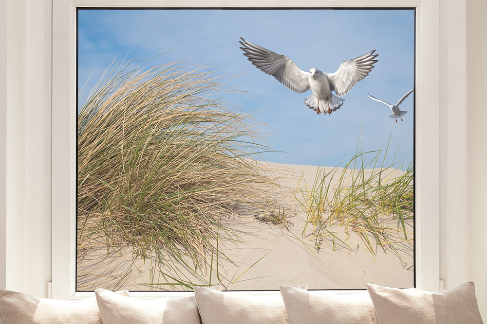 Fenstersticker - Möwen fliegen über einem sonnigen Dünenstrand mit hohem Gras