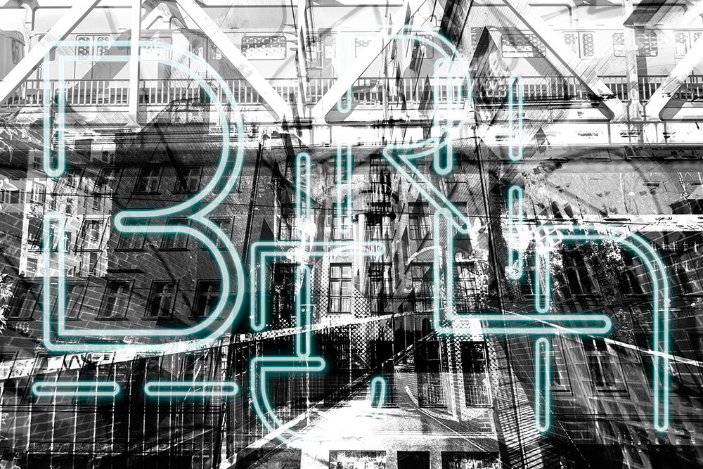 Wall mural - Collage of Berlin architecture and neon lettering