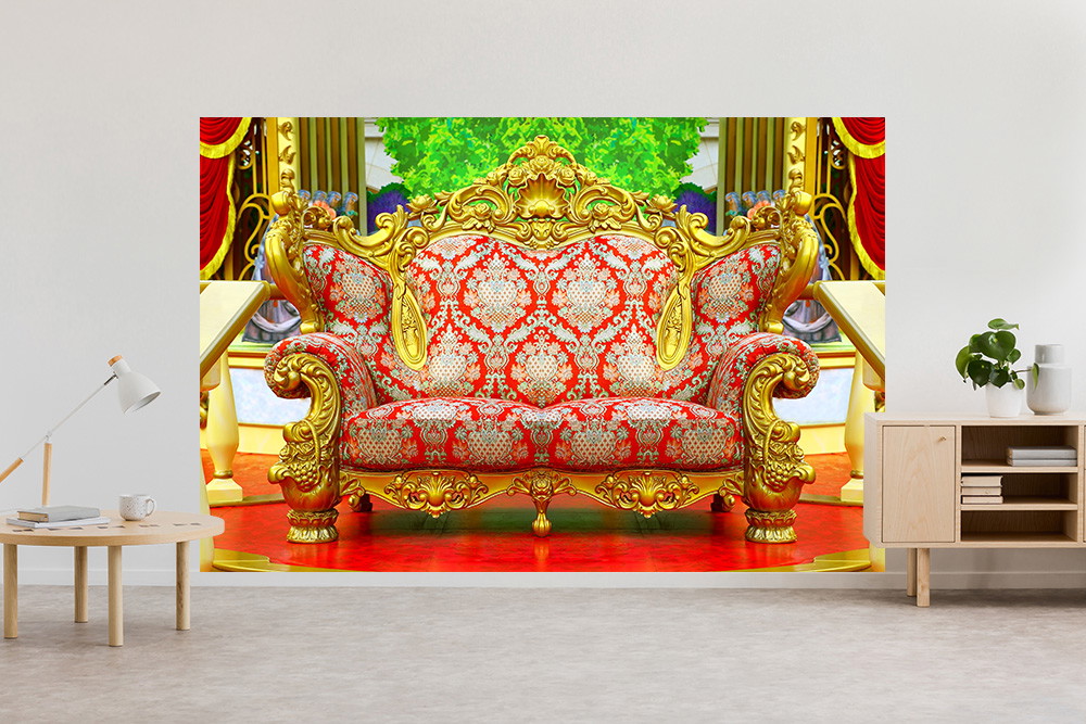 Wall mural - Golden, decorative couch with red and gold-coloured, opulent pattern against an elegant background