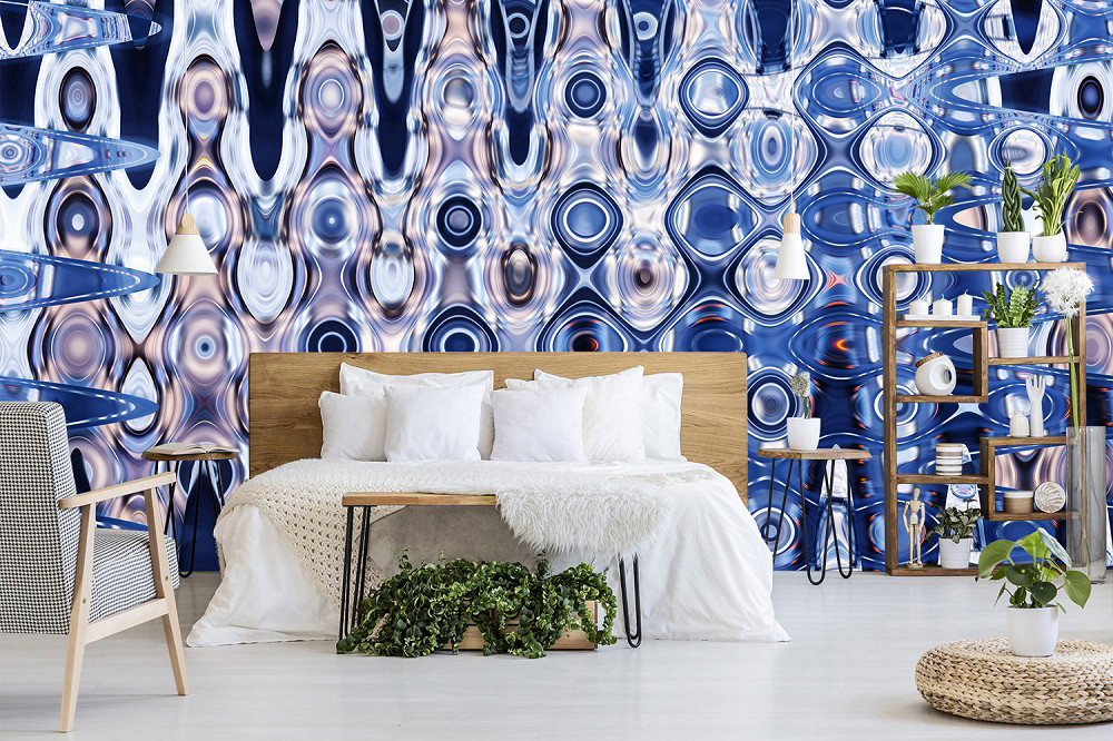 Wall mural - Modern bedroom with blue abstract wallpaper and simple furnishings
