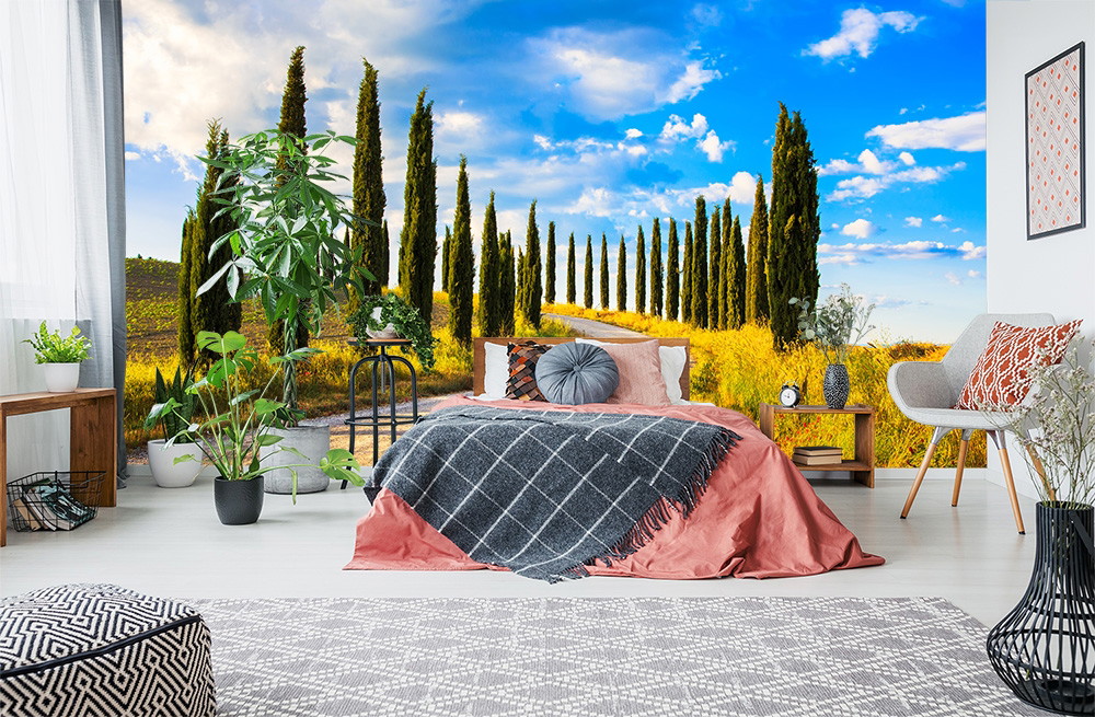 Fototapete - Schlafzimmer mit Blick auf eine toskanische Landschaft und Zypressenallee
