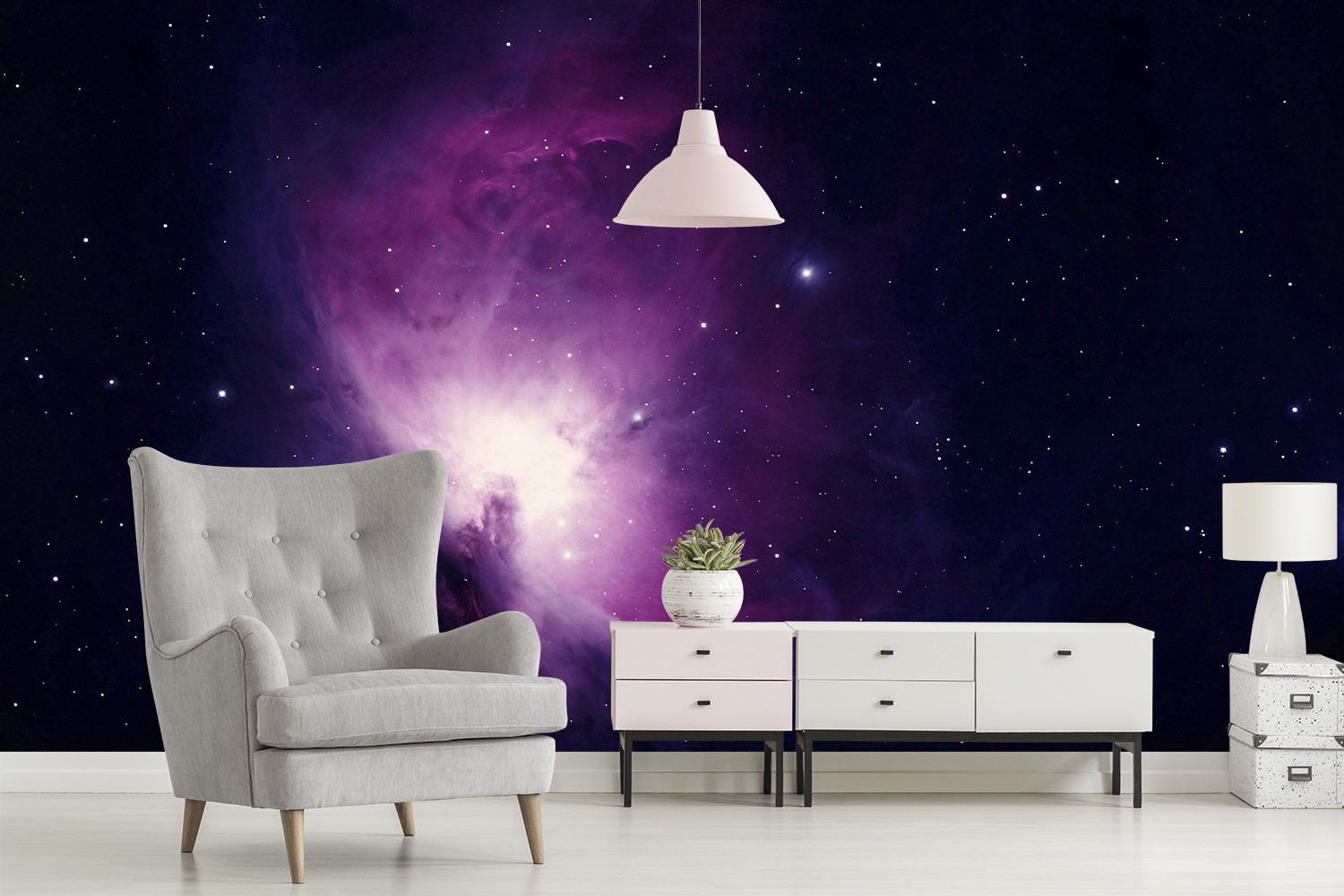 Papier peint photo - Salon moderne avec un fond violet de l'espace, un fauteuil gris clair et des meubles blancs