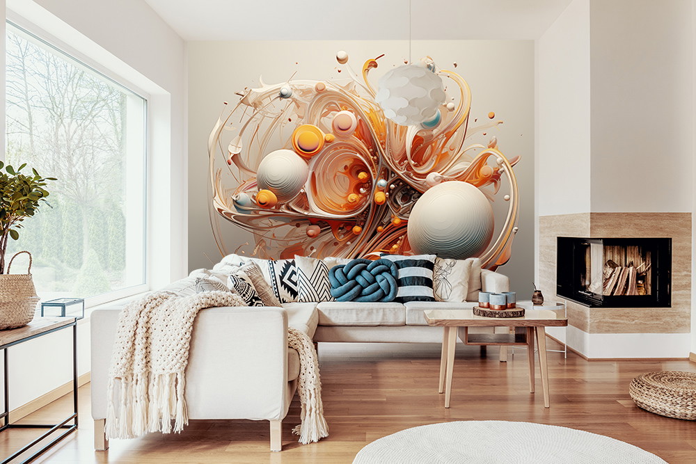 Papier peint photo - Design abstrait avec des boules et des formes courbes dans un salon stylé