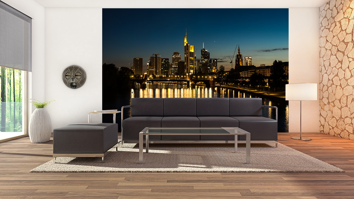 Fototapete - Wohnzimmer mit Sofa und beeindruckendem Wandbild der Frankfurter Skyline bei Nacht