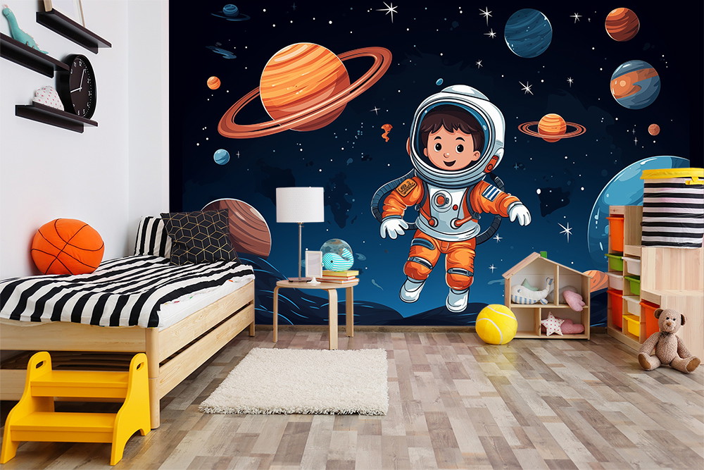 Fototapete - Kinderzimmer mit Astronaut und Planeten im Weltraum