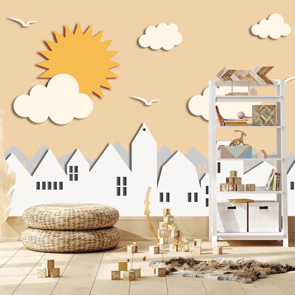 Fototapete - Verspielte Stadtsilhouette mit Sonne und Wolken in einem Kinderzimmer