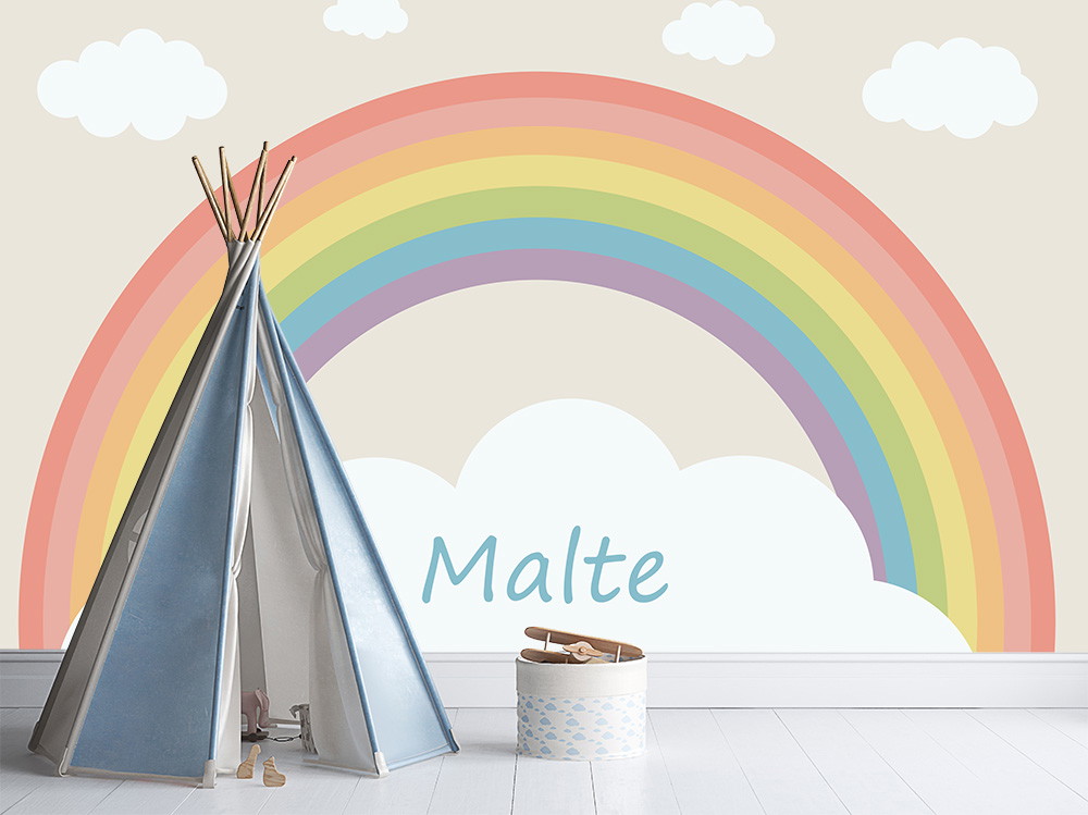 Fotobehang - Kleurrijke regenboogmotieven in de kinderkamer met tipi en wolken