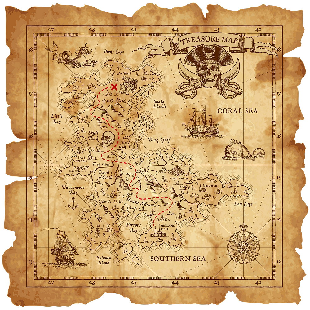 Fototapete - Detailreiche antike Schatzkarte mit Roten Routen, Piratensymbolen und imaginären Orten wie Skull Rock und Coral Sea