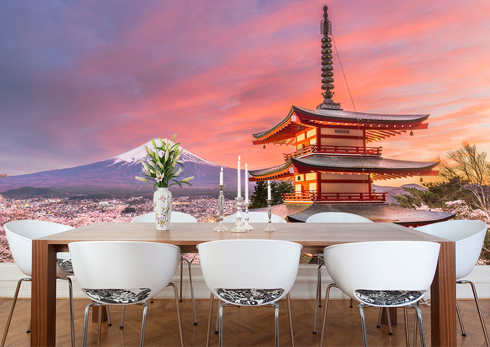 Fototapete - Asiatisches Motiv mit Berg Fuji und Pagode im Abendlicht, verleiht Räumen eine exotische Atmosphäre