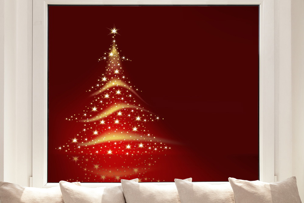 Raamfolie - Decoratieve kerstboom op een rode achtergrond