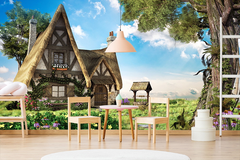 Papier peint photo - Paysage pittoresque avec une maison de campagne rustique, un jardin fleuri et une vieille fontaine sous un ciel bleu