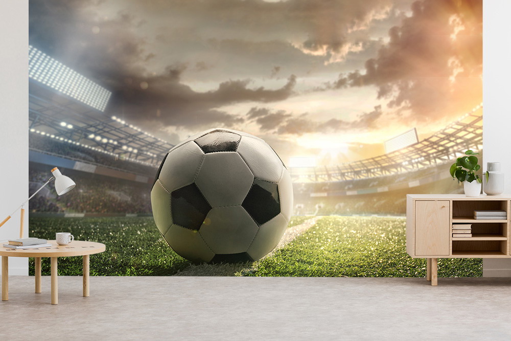 Fototapeta - Piłka nożna na murawie stadionu o zachodzie słońca