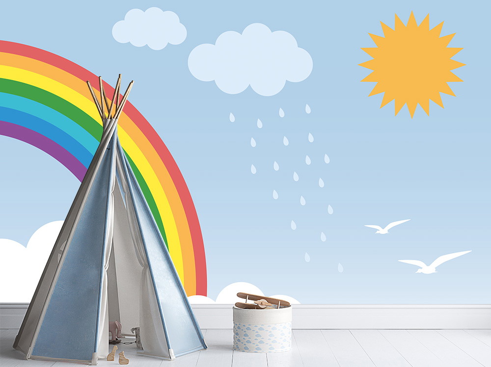 Papier peint photo - Design adapté aux enfants avec tente tipi, arc-en-ciel et soleil