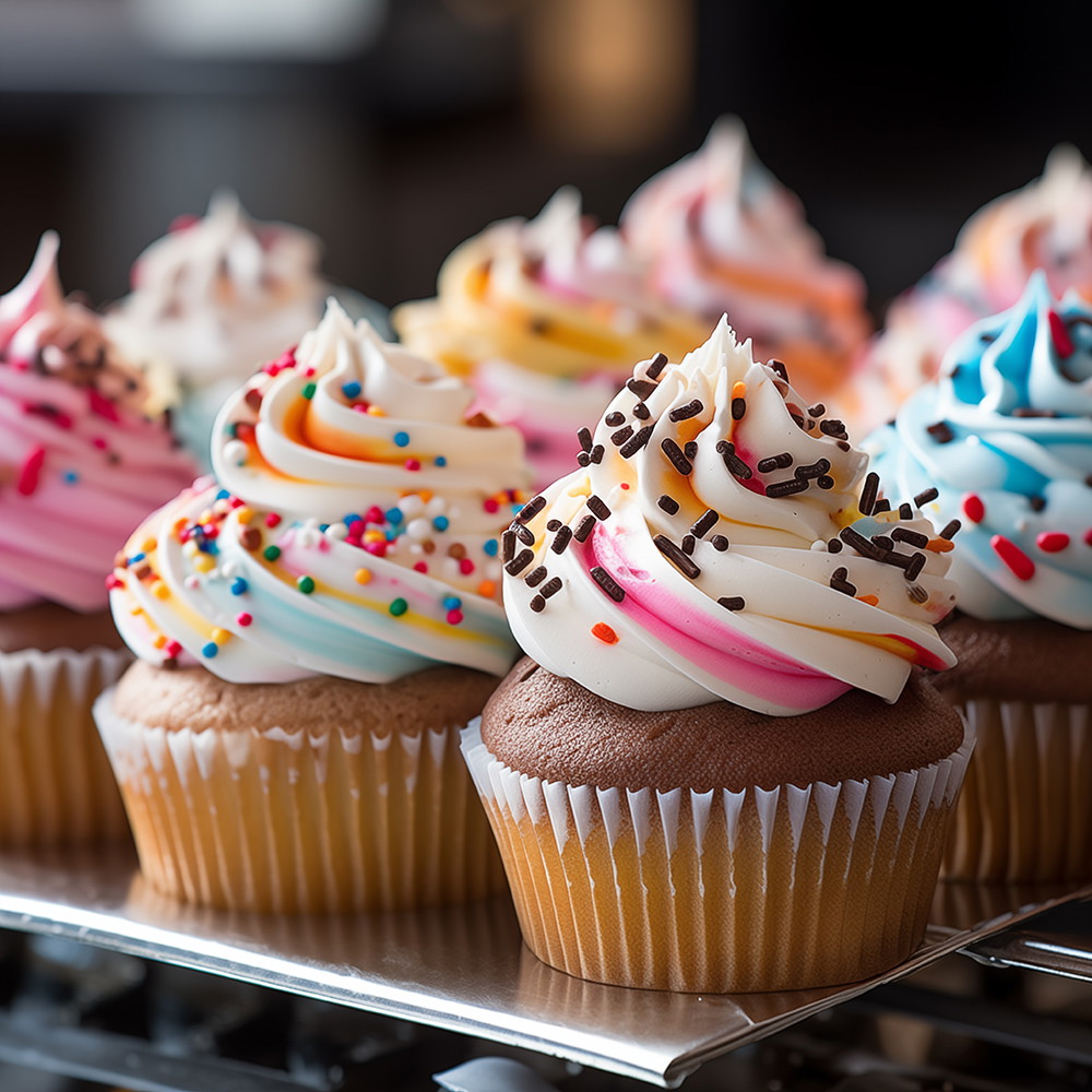 Muurschildering - Close-up van cupcakes met kleurrijk glazuur en hagelslag