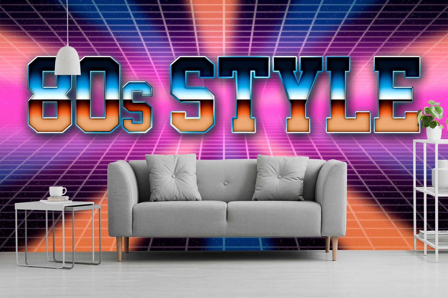 Wall mural - Living room with grey sofa and retro 80s style background