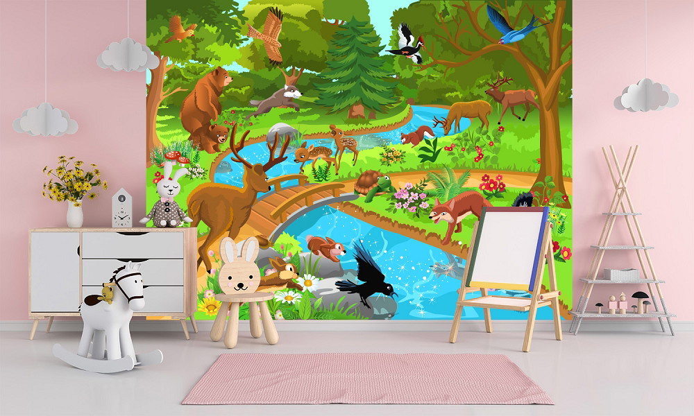 Fototapete - Kinderzimmer mit Wandbild, das eine lebendige Waldszene mit verschiedenen Tieren wie Rehen, Bären und Vögeln an einem Fluss zeigt