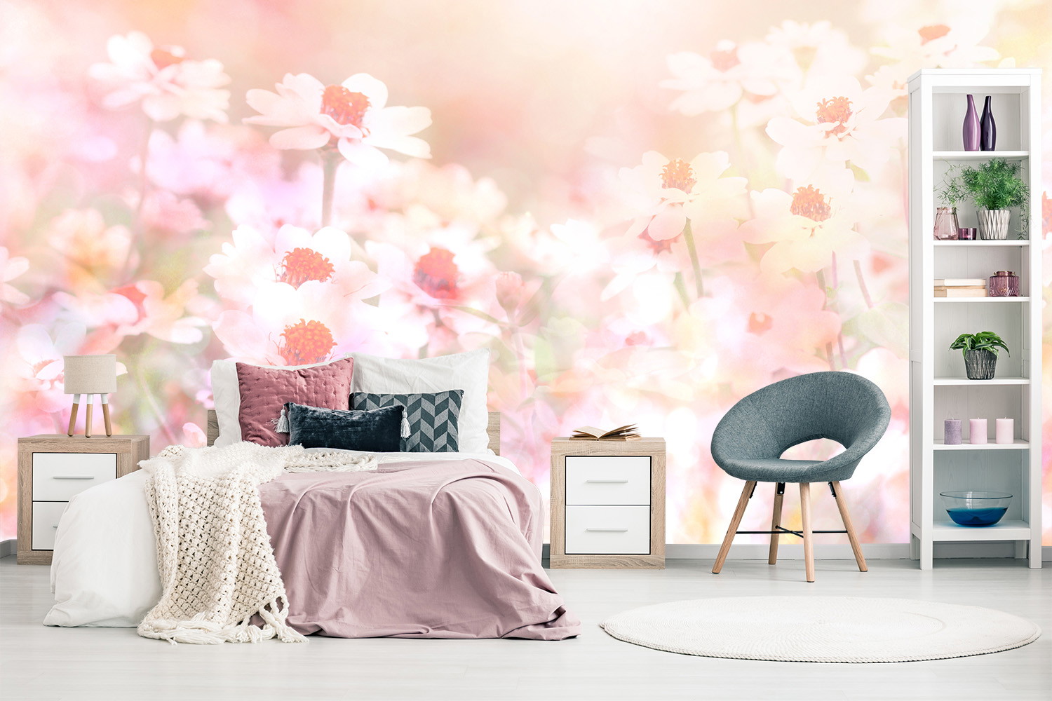 Wall mural - Bedroom with pastel-coloured flowers and stylish furnishings