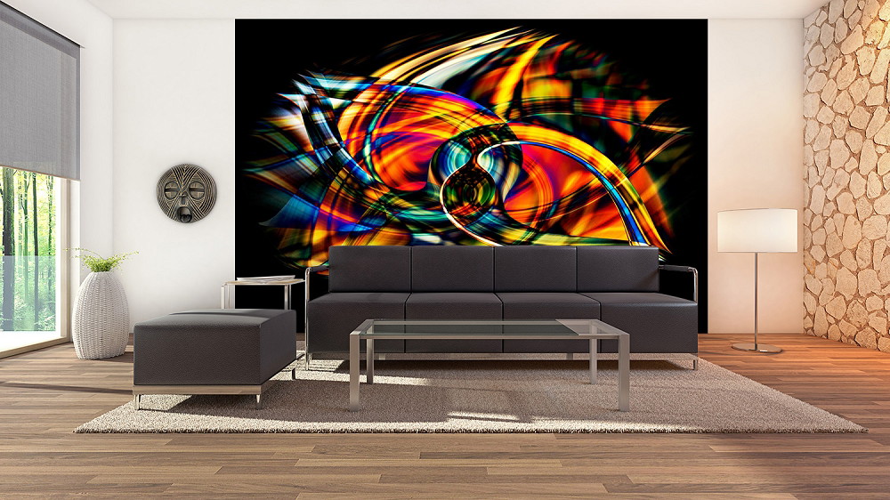 Fototapete - Modernes Wohnzimmer mit abstrakter, bunter Wandkunst