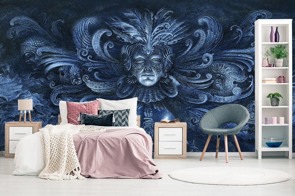 Muurschildering - Slaapkamer met artistiek muurontwerp van mystieke gezichten in blauw en zwart