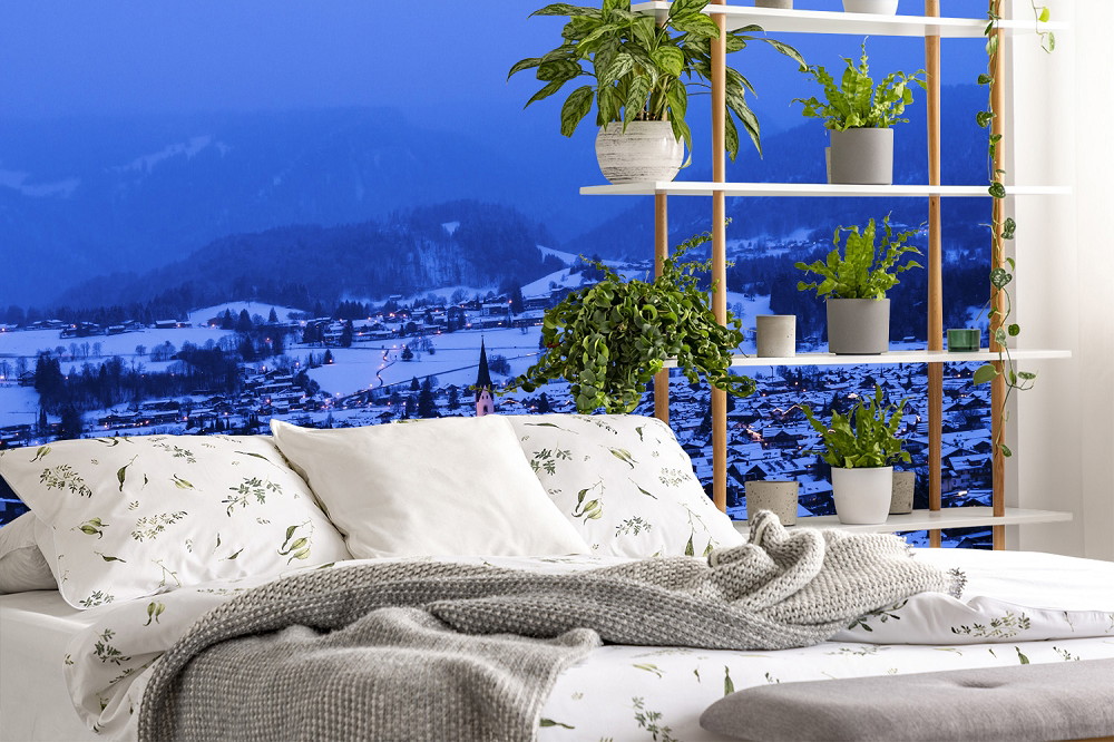Papier peint photo - chambre moderne avec plantes et vue sur un paysage de montagne enneigé en arrière-plan