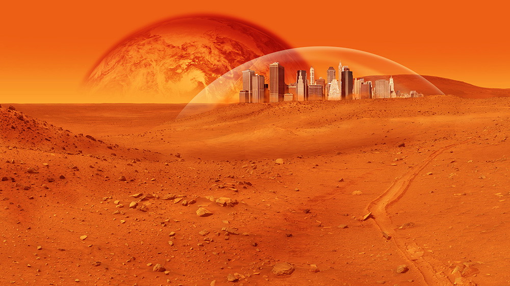 Fototapeta ścienna - krajobraz Marsa z miastem pod kopułą, otoczonym czerwoną powierzchnią planety i imponującą planetą na horyzoncie