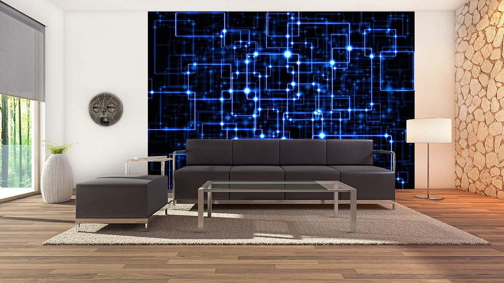 Wall mural - living room with modern digital wall art in blue and black, stylish sofa and glass table