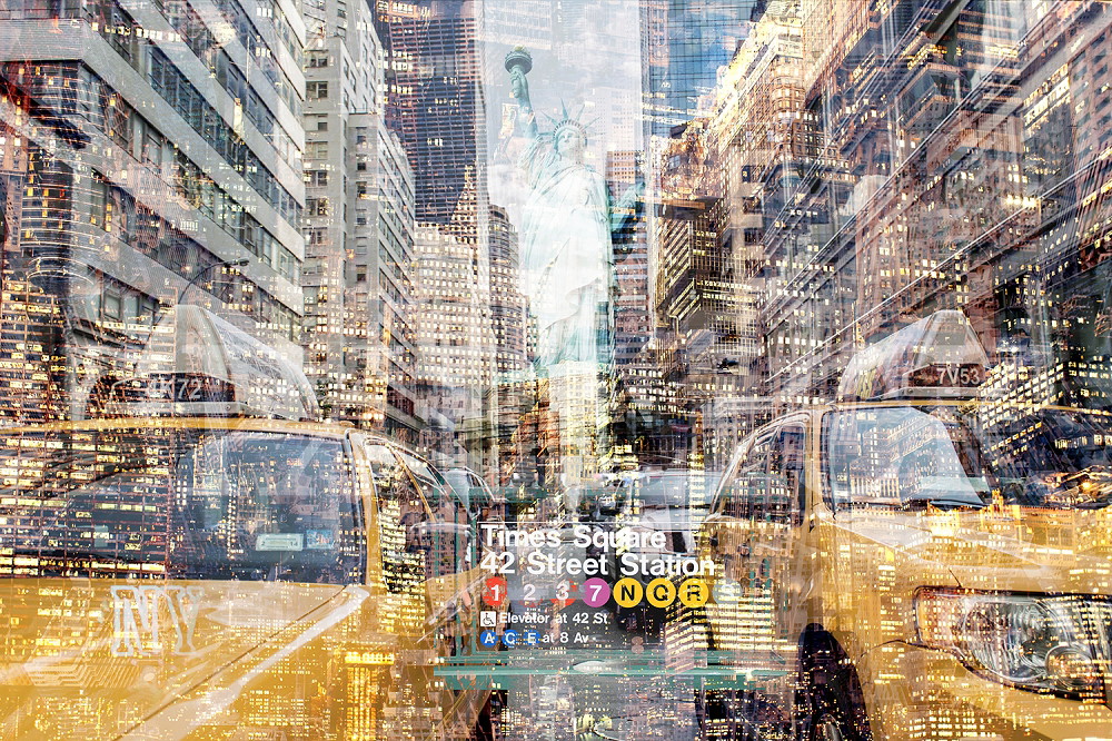 Wall mural - Vibrant street scene in New York City with yellow taxis and tall buildings in the background