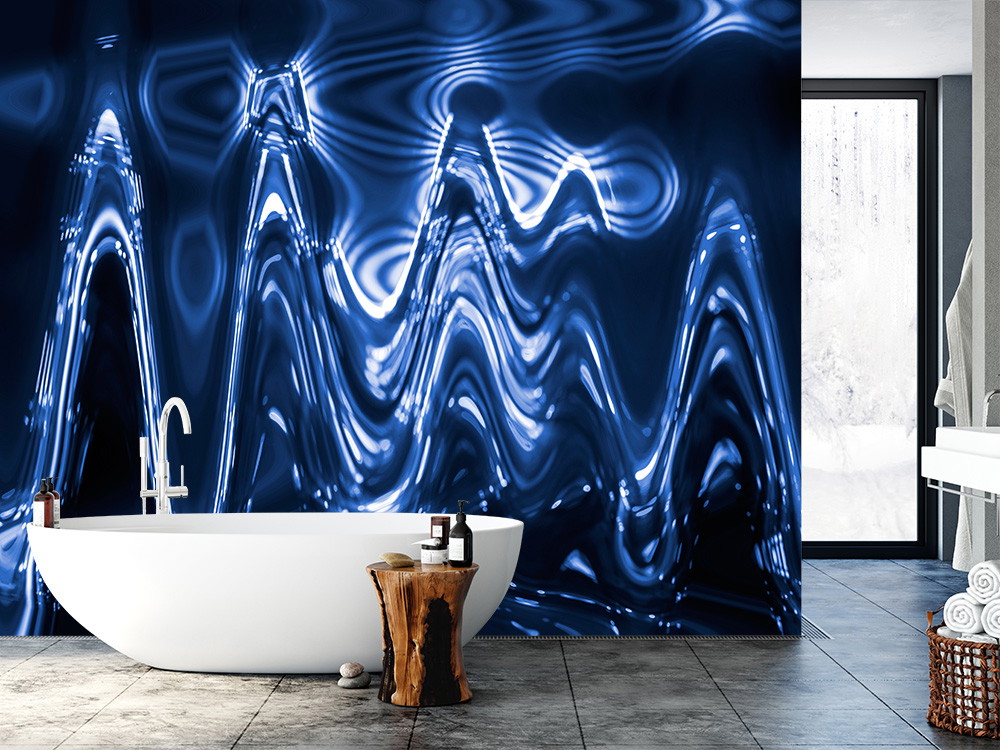 Muurschildering - Badkamer met blauw, golvend behang achter vrijstaand bad