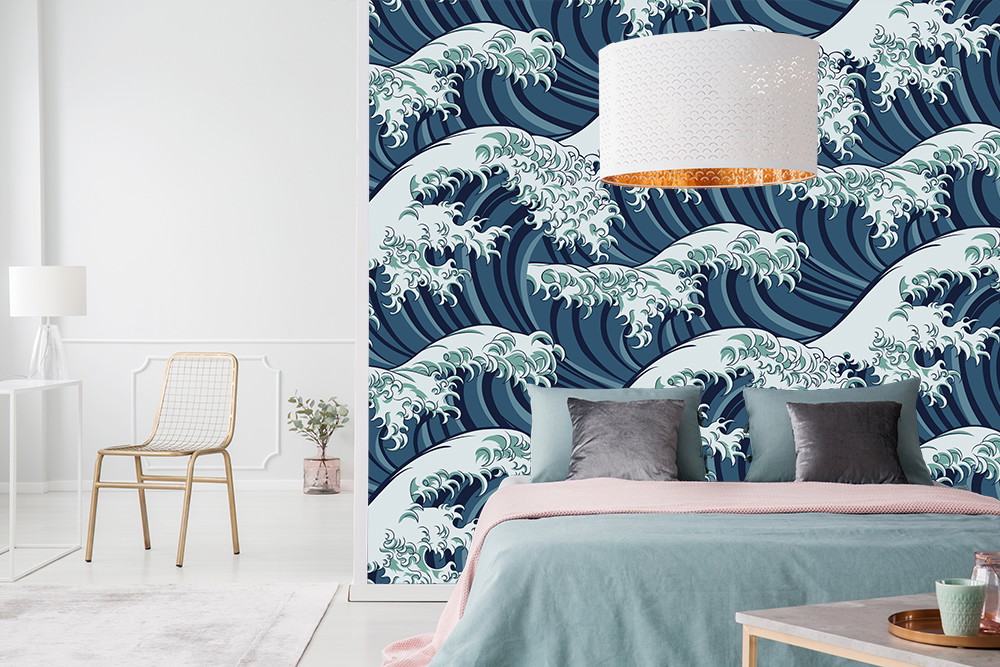 Papier peint photo - chambre à coucher avec papier peint maritime de vagues bleues et éclairage décoratif