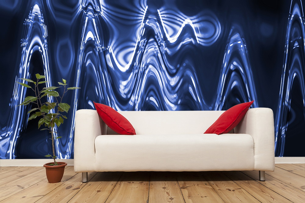 Muurschildering - Woonkamer met abstract blauw patroon, witte bank en rode kussens
