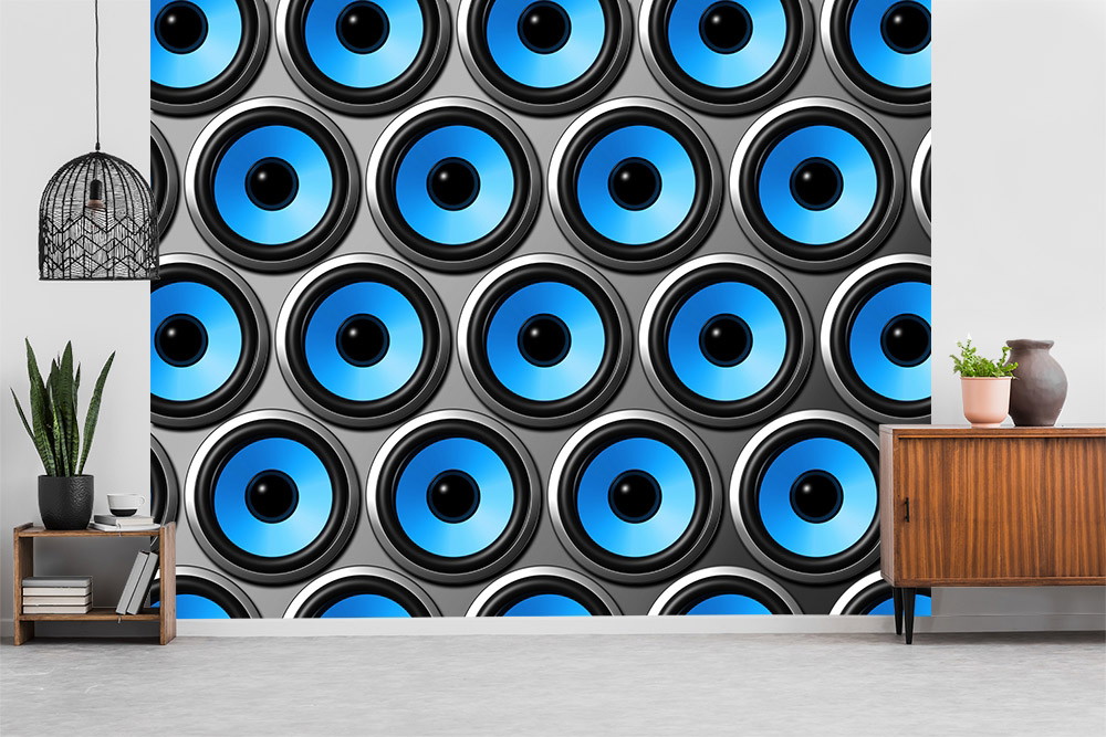Wall mural - Wall with blue and black loudspeaker motifs in a modern room