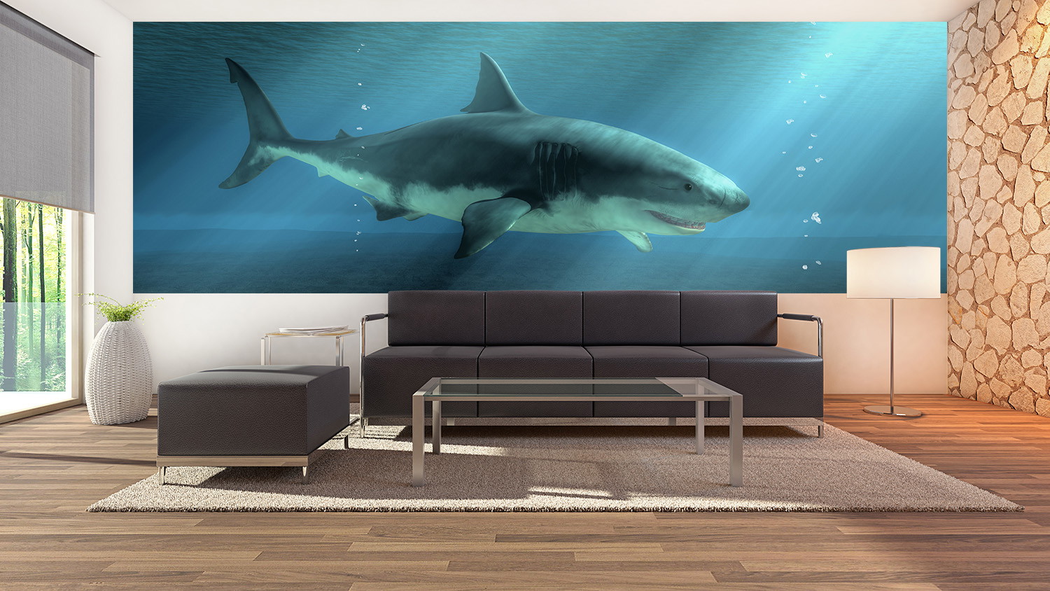 Wall mural - Large shark swimming majestically in the ocean behind a modern living room decoration