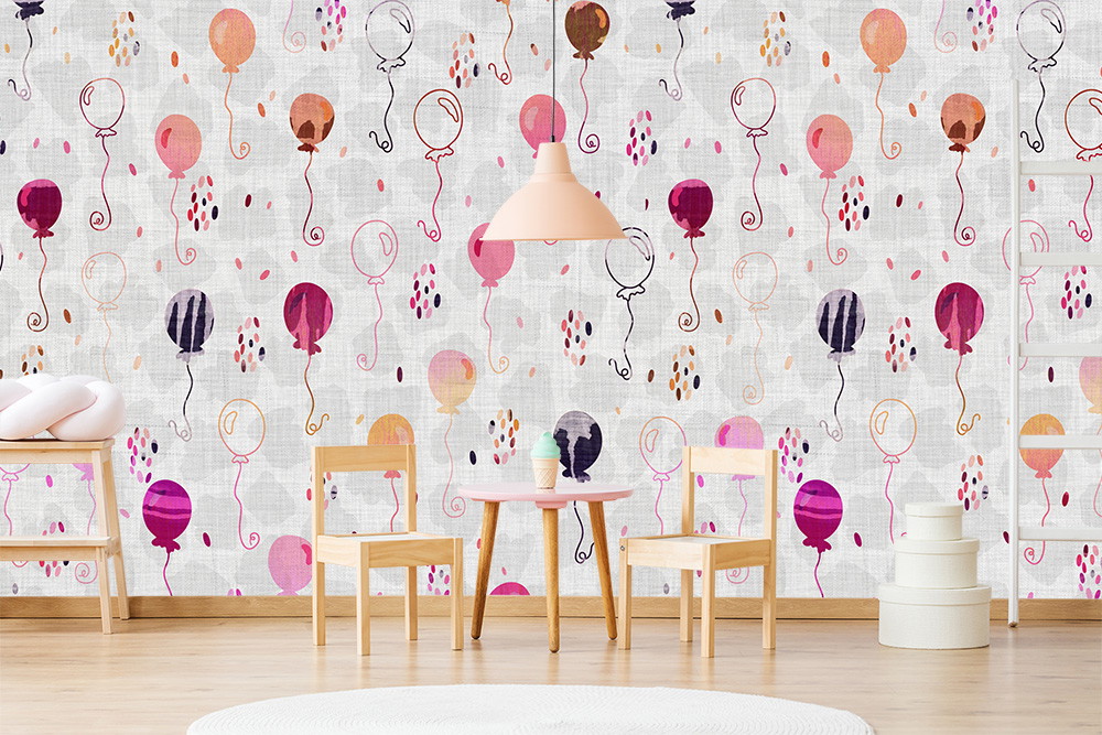 Fototapete - Bunte Ballons schmücken eine helle Wand im Kinderzimmer