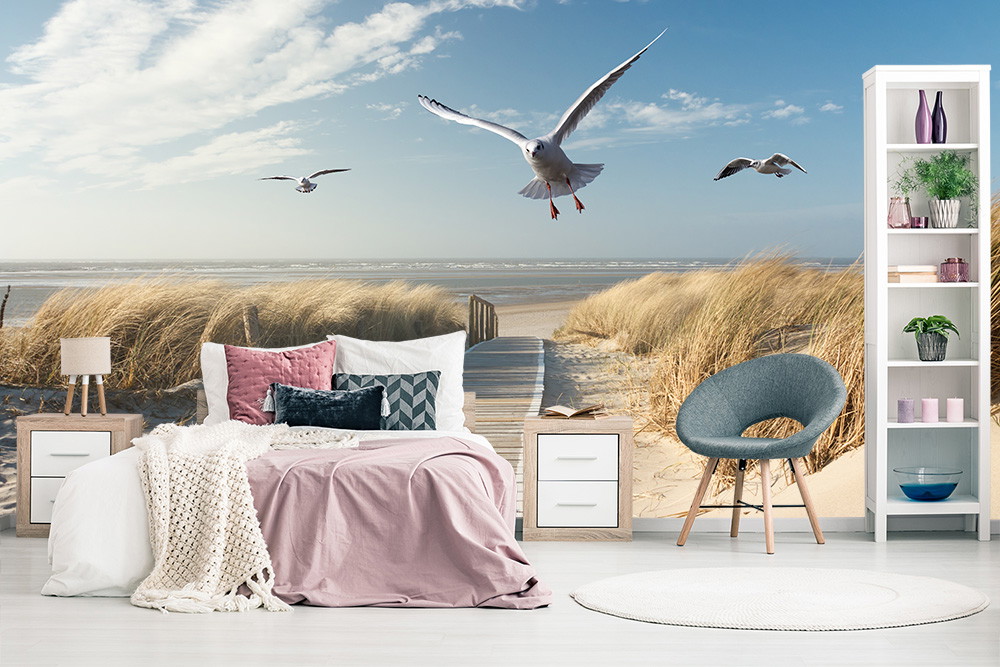Fototapete - Schlafzimmer mit Strandmotiv, Möwen und Meerblick