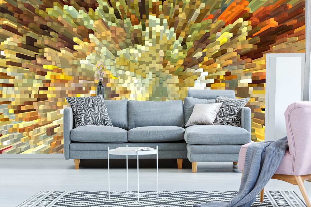 Fototapeta - Nowoczesny salon z szarą sofą i abstrakcyjną cyfrową tapetą w tle w ciepłych kolorach
