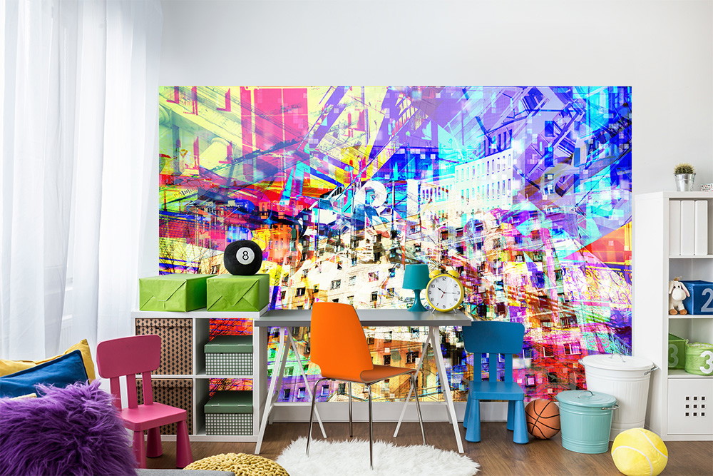 Papier peint photo - Une œuvre d'art vivante au design urbain et aux formes géométriques colorées dans la chambre des jeunes
