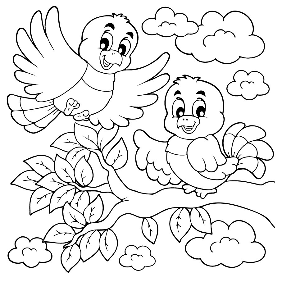 Muurschildering - Twee lachende vogels op een tak omringd door wolken en bladeren, ideaal voor kinderkamers.