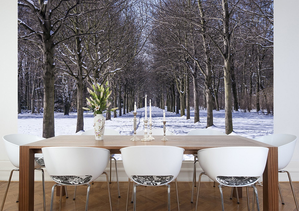 Papier peint photo - Salle à manger avec papier peint d'une allée d'arbres enneigés en hiver